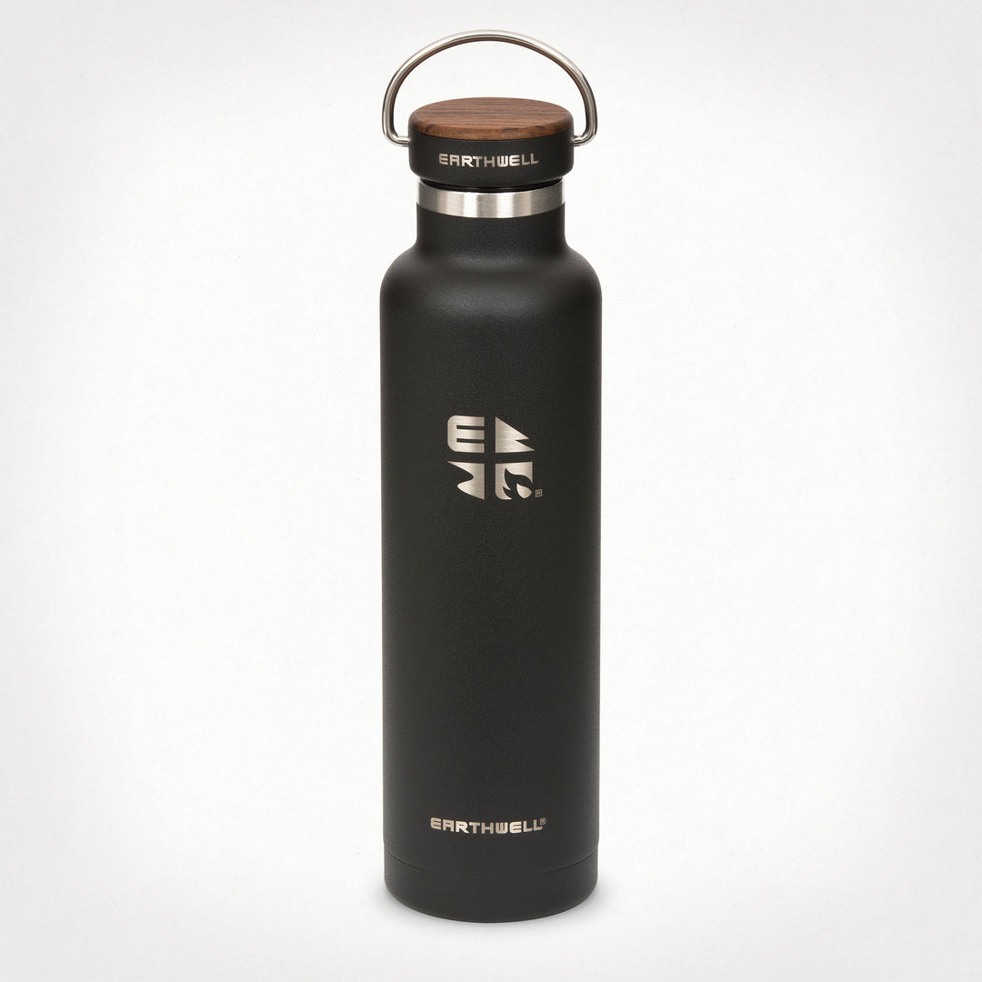 22oz (650 ml) Earthwell® Woodie™ Vacuum Bottle w/ Walnut Cap - Volcanic Black