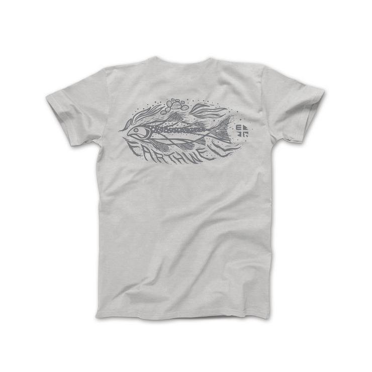 Earthwell Men's Salmon Run Graphic T-Shirt / Light Grey / Back View